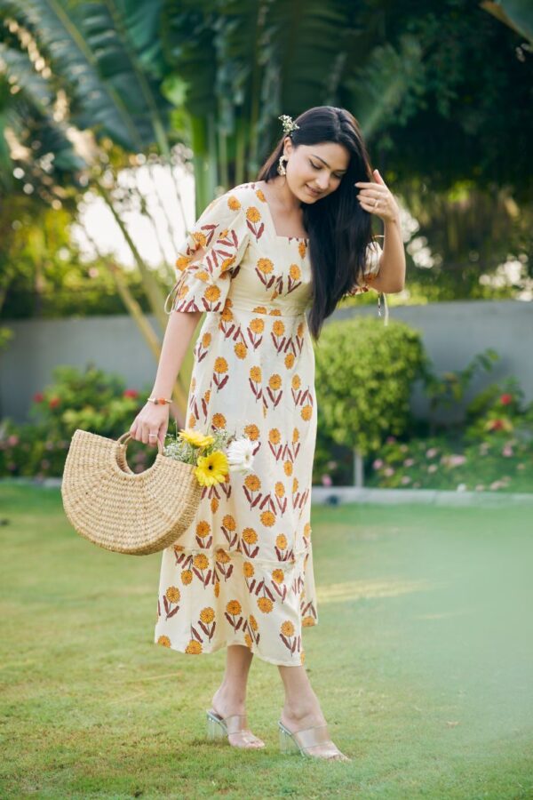 Hand-block printed silk dress for your brunch look.